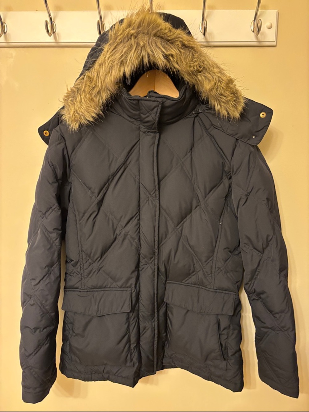 Lands' End Black Quilted Hooded Puffer Jacket with Faux Fur Trim